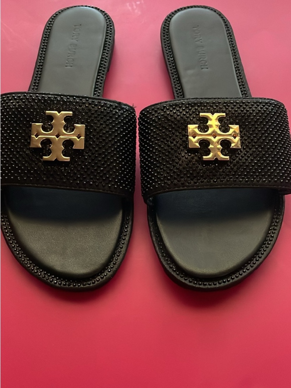 Tory Burch Black Slide Sandals with Gold Logo Accents